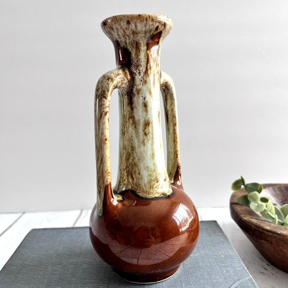 Vintage Hull Pottery Brown Drip Glaze Vase 2 Handles Brown USA Mid Century #100 - Picture 4 of 7